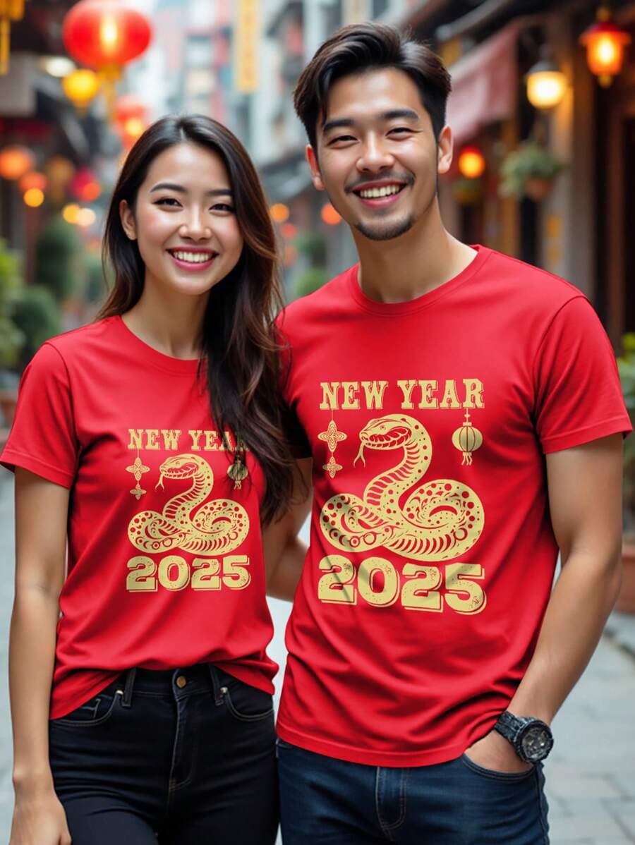 Manfinity Homme 2025 New Year Of The Snake Couple Round Neck Short Sleeve Letter Printed Simple Casual Top, Suitable For Daily Wear During The Lunar New Year Men Chinese New Year