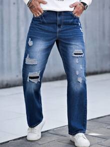 Manfinity Homme Pantalones vaqueros casuales rasgados con bolsillo simples para hombre