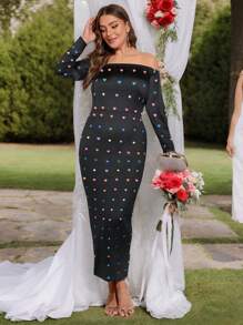 SHEIN Clasi Plus Size Women Heart Print Long Sleeve Off Shoulder Maxi Bodycon Dress, Elegant Party Spring Autumn, Suitable For New Year, Valentine's Day, Thanksgiving, Christmas, Easter, Gala, Christmas Eve, Fashion Show, Christmas Decoration, Christmas Pajamas - Black - View 5