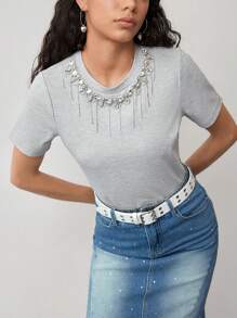 MOTF STUDIO RHINESTONE FRINGE FITTED T-SHIRT - Grey - View 4