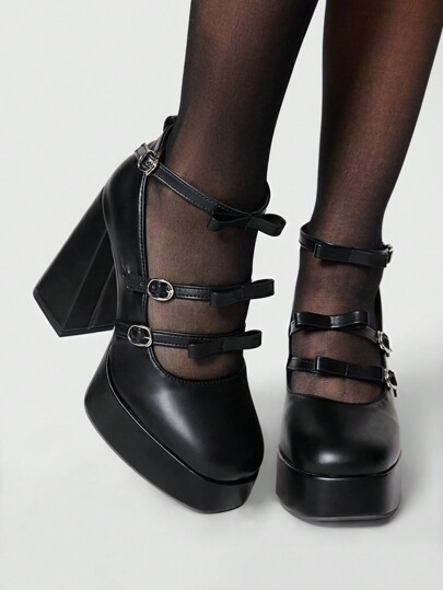 Kawaii Women's Cute Bow Round Toe Platform High Heel Pumps, Dark Adorable PU Black Heels For Daily, School, Commute Spring Shoes Spring Break Easter Prom Heels