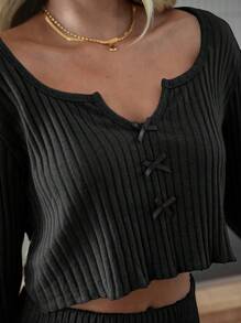 RueChic 2pcs Cotton Contrast Colour Ribbon Detail Homewear Set - Black - View 4