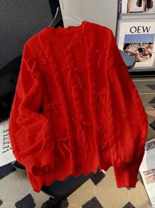 Flirla Suéter rojo con lazo decorativo para mujer de talla grande, nuevo diseño para otoño/invierno