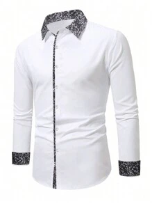 Manfinity Homme Męska koszula z długim rękawem z przodu, prosta, biznesowa, swobodna, kontrastowa, z długim rękawem, męska koszula z guzikami, biała koszula męska, prezenty dla chłopaka