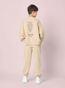 SUMWON Conjunto de chándal juvenil con sudadera y pantalón con estampado de coordenadas de la ciudad de Nueva York, estilo de vida urbano, ropa deportiva, ropa de calle para otoño, invierno y primavera