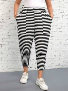 SHEIN LUNE Plus Size Women's Valentine's Day High Waisted Black And White Striped Pocket Design Women's Sweatpants