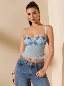 SHEIN BAE Áo ba lỗ không tay thêu hoa & đính vải cho nữ - Màu xanh lam - Xem 6