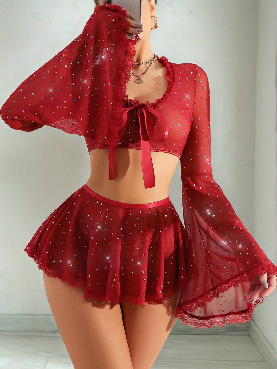 3-Piece Set: Shiny Mesh Ruffle Trim Crop Top + Thong + Ruffle Trim Mini Skirt, Great For Valentine's Day Party