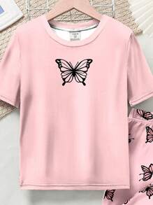 Meisjes Casual Minimalistische Vlinderprint Roze Korte Mouw Top En Broek Pyjama Set, Nauwsluitende Pasvorm, Lente/Zomer