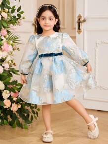 Glamorique Kids 年轻女孩公主长袖连衣裙，蓝色欧根纱搭配金色和银色金属提花面料，高端优雅正式派对礼服，适合欧洲和美国，豪华演出服 - 淺藍色 - 查看 1