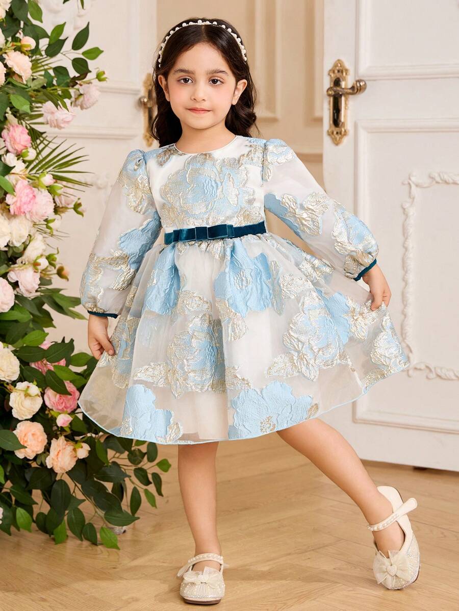 Glamorique Kids 年轻女孩公主长袖连衣裙,蓝色欧根纱搭配金色和银色金属提花面料,高端优雅正式派对礼服,适合欧洲和美国,豪华演出服 - 淺藍色 - 查看 1