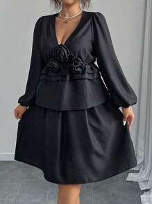 SHEIN Unity Plus Size 2pcs Floral V-Neck Ruffle Top And Elegant Skirt Set - Black - View 4