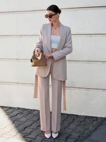 EURMUSE Grey Long Jacket And Straight Pant Two Pieces - Beige - View 4