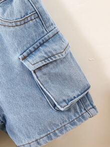 SHEIN 男婴夏季休闲时尚宽松蓝色牛仔工装短裤，婴儿春夏装春假装 - 中等水洗藍 - 查看 3