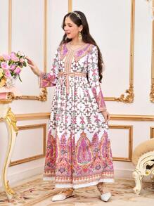 Teen Girls Elegant V-Neck Long Sleeve Waisted Dress With Gold Pattern For Teen Girls, Ideal For Vacation,Holiday,Summer,Travel