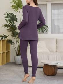 Lace Trim Overlapping Collar Comfy Knit Maternity Home Outfit Set