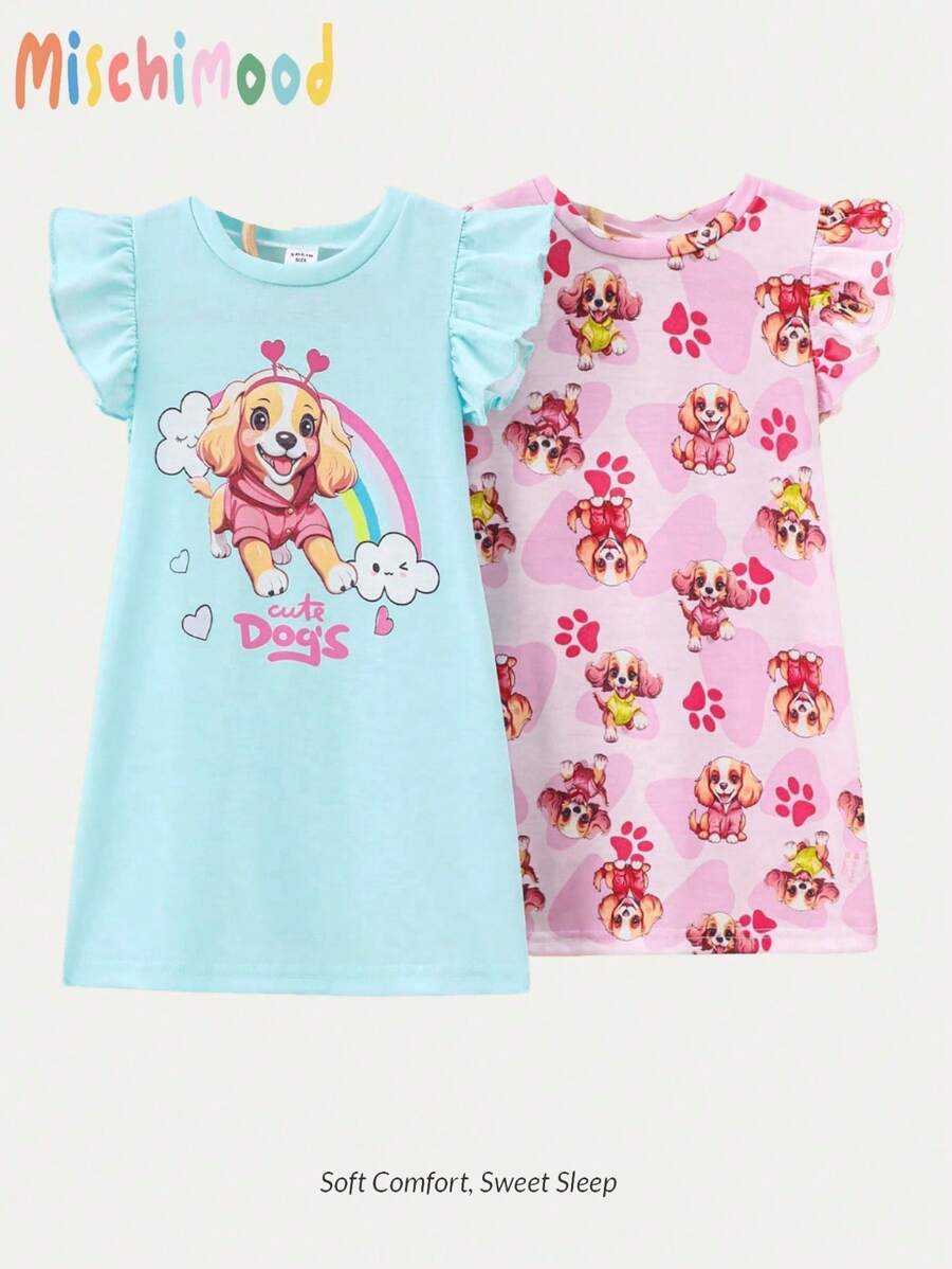 2pcs Baby Girls Cute Dog Print Ruffled Cap Sleeve Green & Pink Dress ...