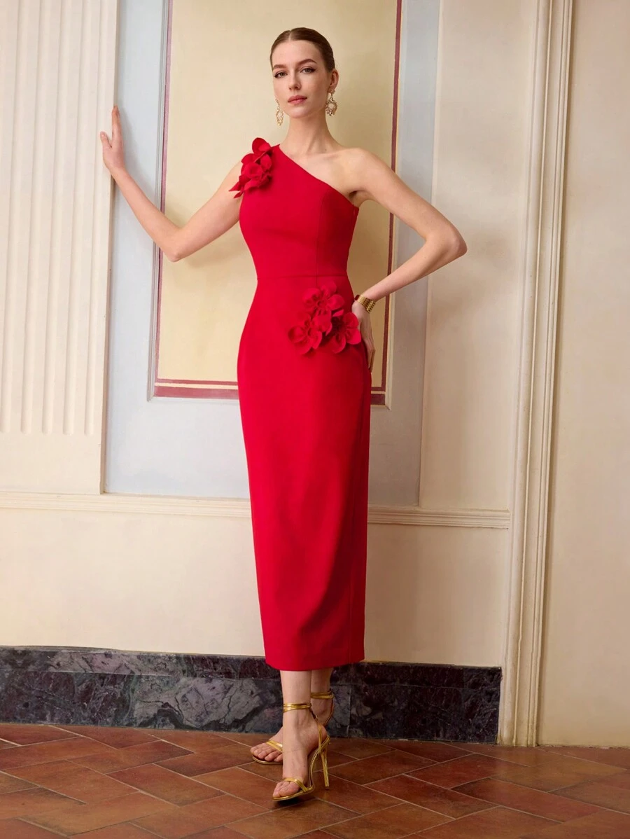 ZEYLAH WOMEN'S FLORAL PATCHED ONE SHOULDER MIDI DRESS FOR VALENTINE'S DAY OUTFIT, EVENING DRESS, ELEGANT STYLE,SPRING/SUMMER - Red - View 1