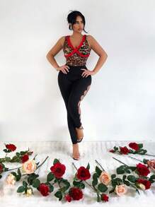 SHEIN SXY 女士时尚豹纹荷叶边吊带背心、情人节、夏季、猎豹印花、豹纹、情人节、外出上衣、可爱上衣、女士外出上衣、老款女士 - 彩色 - 查看 5