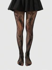 ROMWE Fairycore 1 双女式哥特式黑色心形图案渔网袜，适合所有季节