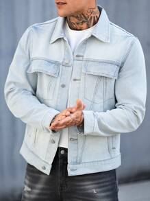 Manfinity Homme Men's Front Button Long Sleeve Pocket Casual Denim Jacket - Light Wash - View 6