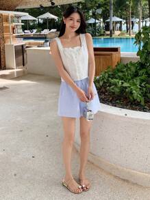 DAZY Maieu de damă, ocazional, de vacanță, boemă, de culoare solidă, cu textura legată, plisată, decupată, pentru vară - alb - Vizualizare 3