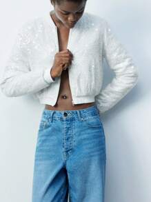 Maija Women's Sequin Padded White Flight Jacket, Autumn Winter New Year,Festival - White - View 1