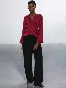 Aveloria Modichic Blusa de manga larga con cuello en V ajustada, mangas abullonadas y lazo lateral para mujer