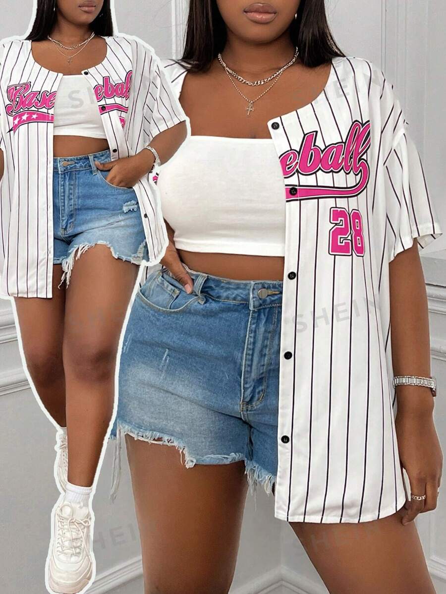 SHEIN EZwear Camiseta de béisbol de manga corta para talla grande en verano