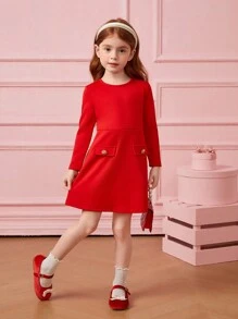 SHEIN Leap Crew Vestido rojo de punto ajustado, con cuello redondo y manga larga, con silueta evasé, elegante y de tendencia, para niña. Versátil, apto para fiesta de cumpleaños, vacaciones, estilo universitario. Excelente para uso casual y diario en otoño e invierno. Ideal para Navidad, a juego entre madre e hija. - Burdeos - Ver 6