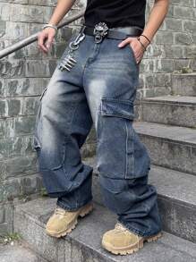 Manfinity EMRG Men's Casual Water-Washed Loose Fit Cargo Jeans - Blue - View 5