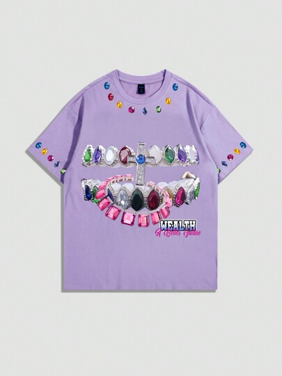 Goth Men's Casual Short Sleeve T-Shirt With Cross & Rhinestone Print