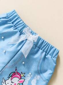 少女核心夏季少女套装：白色罗纹可爱独角兽印花休闲短裤和上衣套装，搭配时尚牛仔效果珍珠纽扣装饰腰带蝴蝶结系带背带短裤 - 白色 - 查看 6