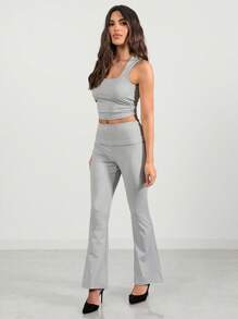 Glamine Women's Solid Color Sexy Tight Sleeveless Tank With Square Neck And Fashion Tight Flared Two-Piece Suit, Suitable For Club Wear