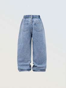 Denimly 女童休闲时尚校园街头风格蝴蝶结和字母印花设计松紧腰拉链破洞直筒牛仔裤