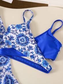 3 stuks/set badkleding voor meisjes, mesh top met vintage porseleinen bloemenprint