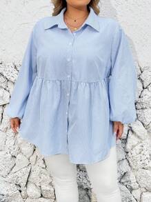 SHEIN CURVE+ 大码春夏女式休闲条纹灯笼袖衬衫，春季娃娃衫 - 藍白色 - 查看 6