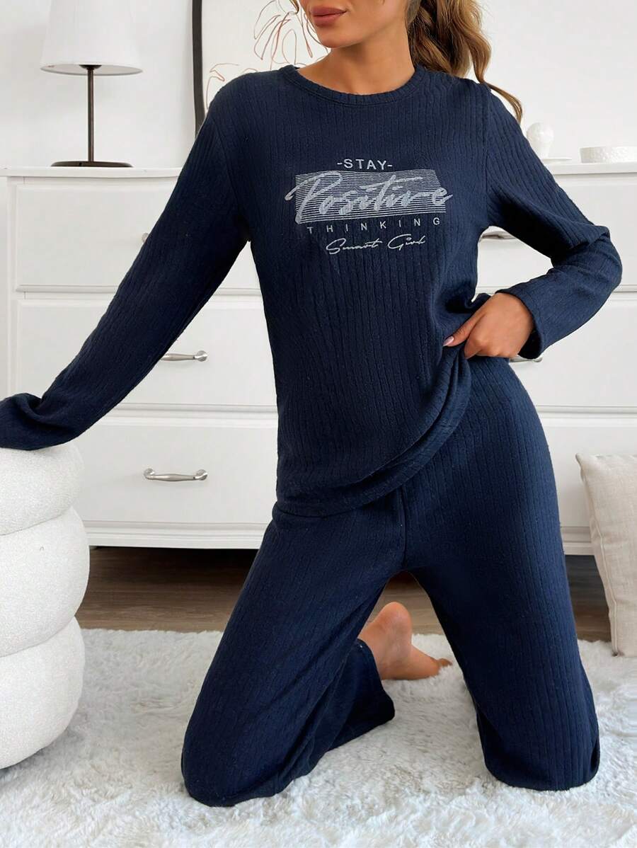 RueChic 100% Cotton 2Pcs   Slogan Printed With Contrast Stitching Detail Lounge Set - Navy Blue - View 1