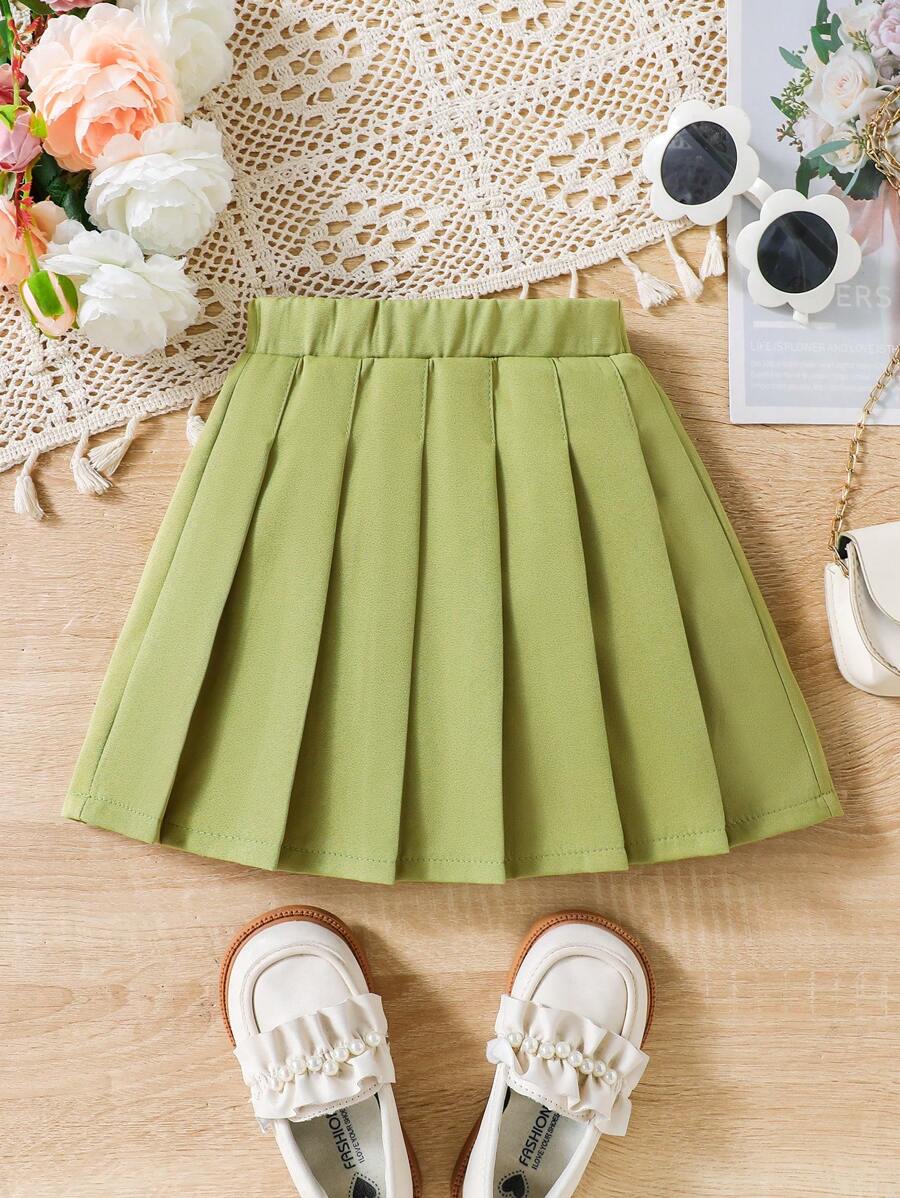 SHEIN Falda verde plisada minimalista de corte evasé de unicolor para niña, de uso casual y para vacaciones - Verde - Ver 1