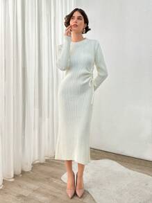 EURMUSE Women's Casual Comfortable Round Neck Drawstring Waist Ribbed Knit Mid-Length Dress - Beige - View 1