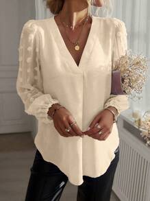 EMERY ROSE Women's Solid Color V-Neck Long Sleeve Casual Top, Everyday Wear Fall Cloth For Women