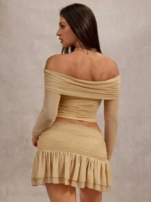 SHEIN BAE Damski, modny, jednokolorowy, odsłaniający ramiona, skrócony top i mini spódniczka, 2 sztuki - Kolor khaki - Zobacz 2