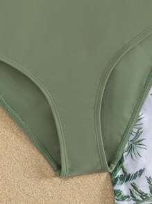 SHEIN Tween Girls Vacation Style Green One-Piece Swimsuit With Tropical Plant Print Mesh Skirt Summer Holiday - Army Green - View 3