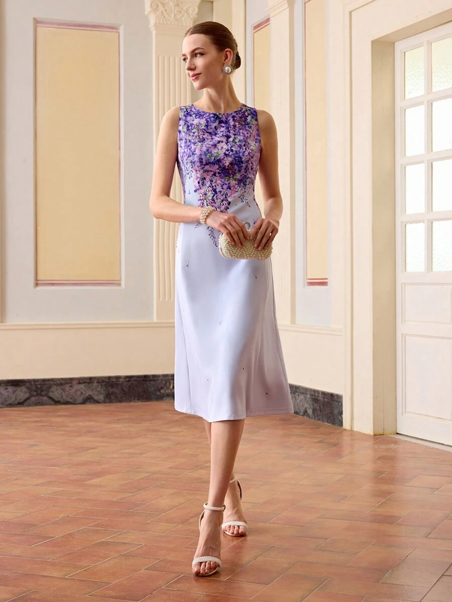 ZEYLAH Ärmelloses Kleid mit Blumendruck und Schrägschnitt