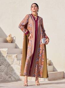 Al Najma Ramadhan Color Block Patchwork Long Arabian Dress Women's Turkish Maxi Dress & Arabian Traditional Abaya Kaftan Jalabiya Dress - Red - View 7