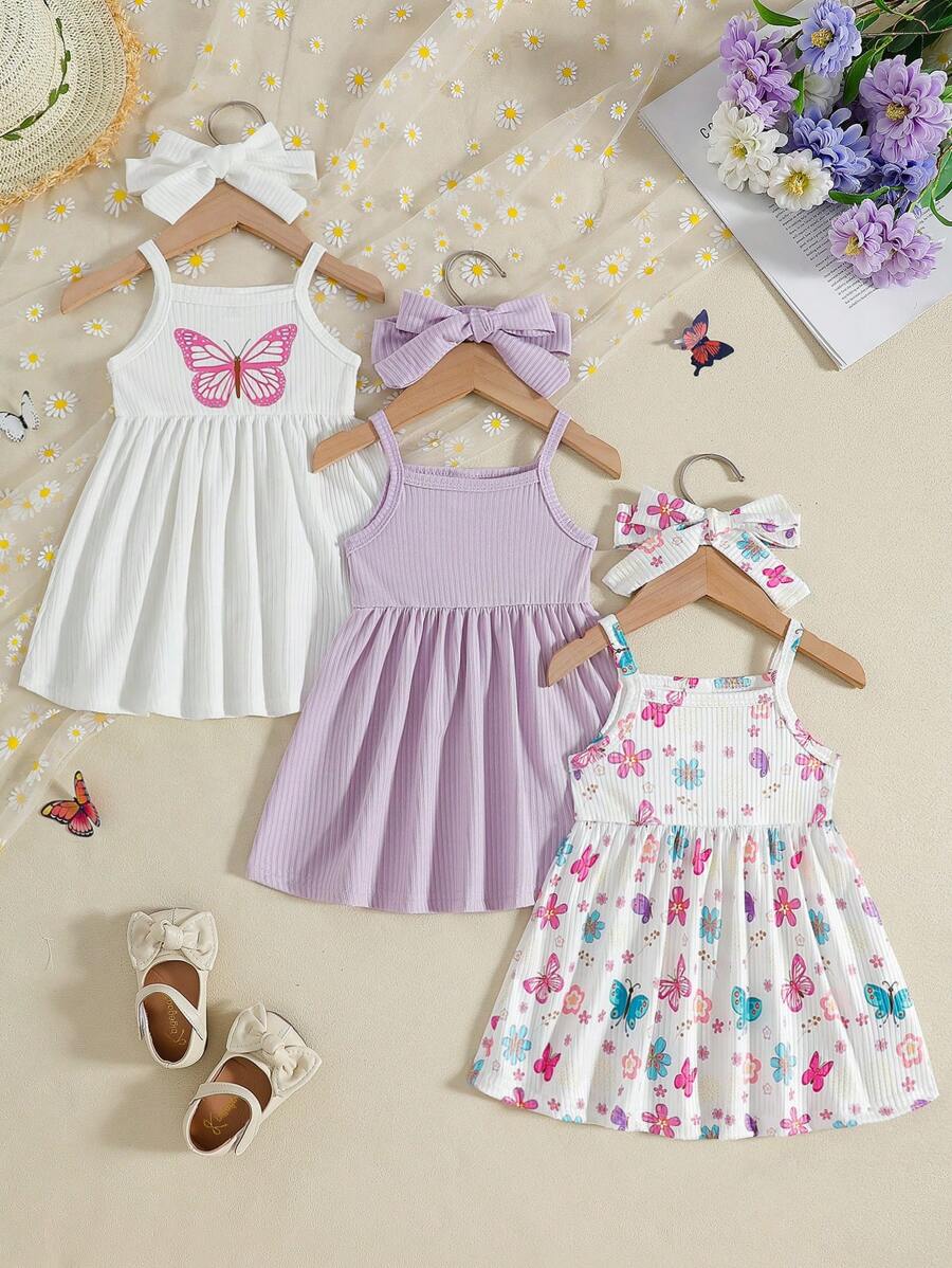 SHEIN Vintaside Kids 3 件套女婴可爱花卉和蝴蝶印花休闲简约连衣裙套装 - 彩色 - 查看 1