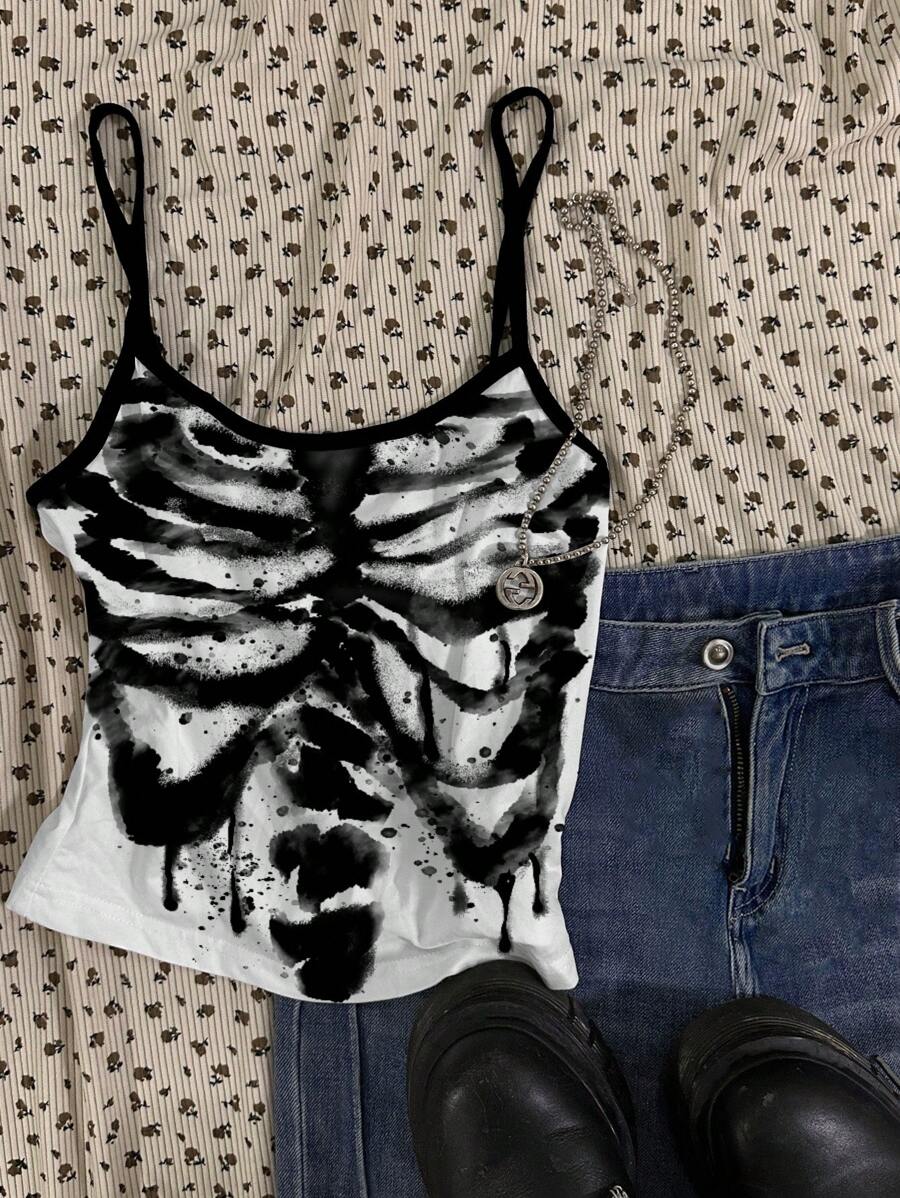 Attitoon Women's Skeleton Graphic Print Cami, Black White Distressed Summer Tank Top,Summer Tops Back To School - White - View 1