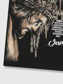 ROMWE MEN Goth Men's Jesus Cross Graphic Print Short Sleeve T-Shirt, Suitable For Spring And Summer - Black - View 3