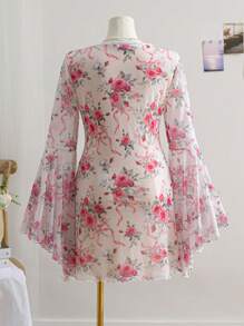 Soleia Plus Size Women's Resort Spring V-Neck Floral Print Mesh Ruffle Trim Flare Long Sleeve Mini Dress - Multicolor - View 2