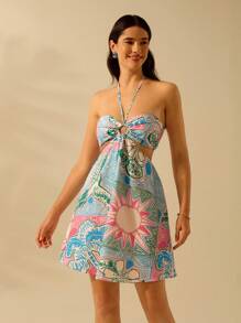 CAJUNI Women's Vacation Bohemian Tropical Flowers, Parrots, Coconut Trees, Green Versus Pink Print Halter Cut Casual Beach Summer Dress